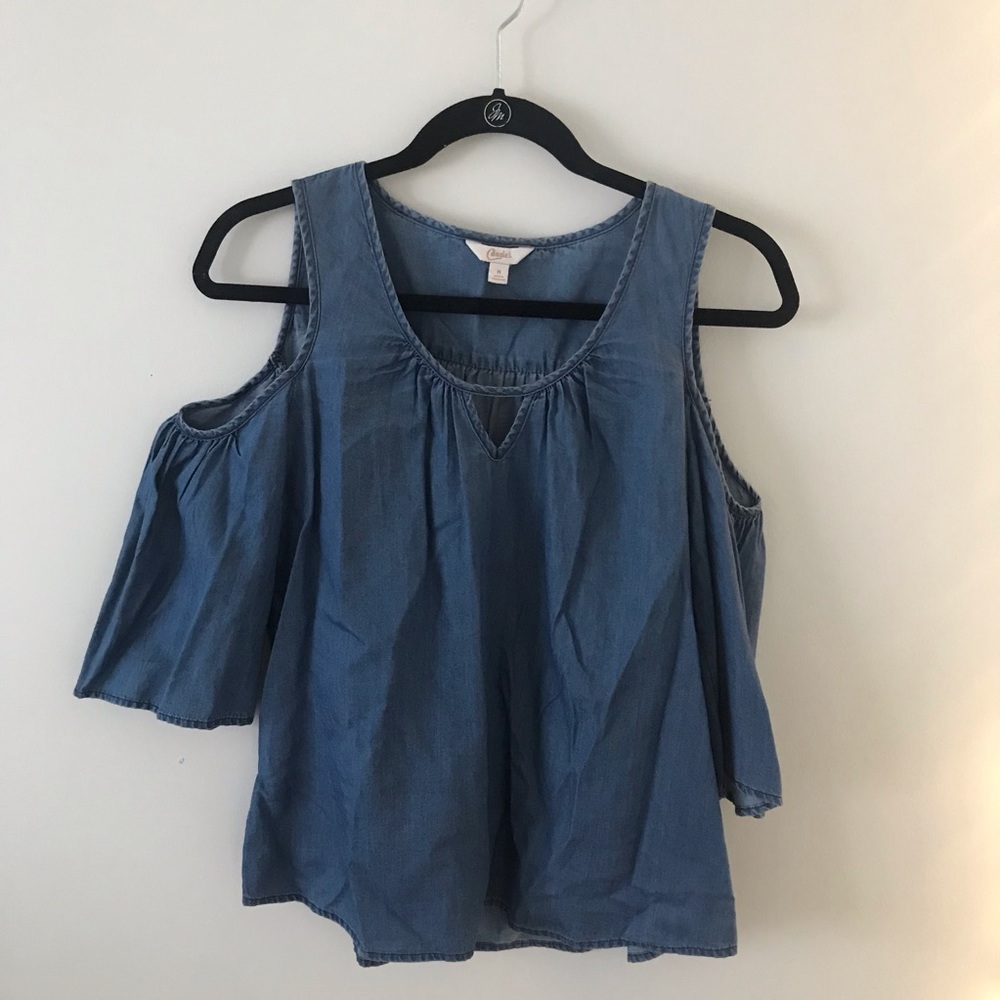 denim cold shoulder blouse